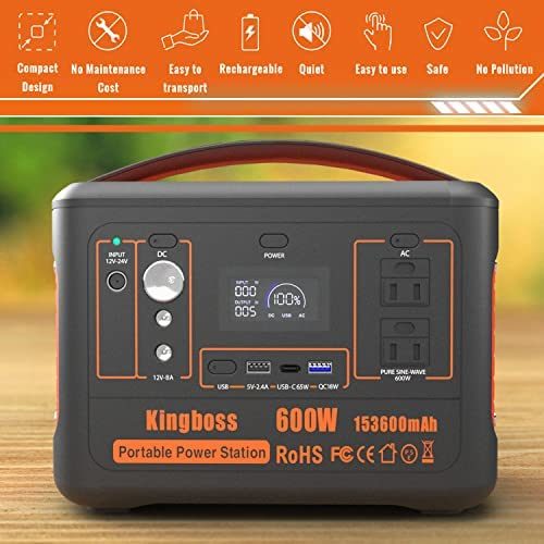 Portable Power Station 110V/600W 568Wh Lithium Battery Pure Sine Wave AC Outlet DC USB Solar Generator Supply for Emergency Outdoor Travel Camping Fishing Hunting CPAP Doba Orange
